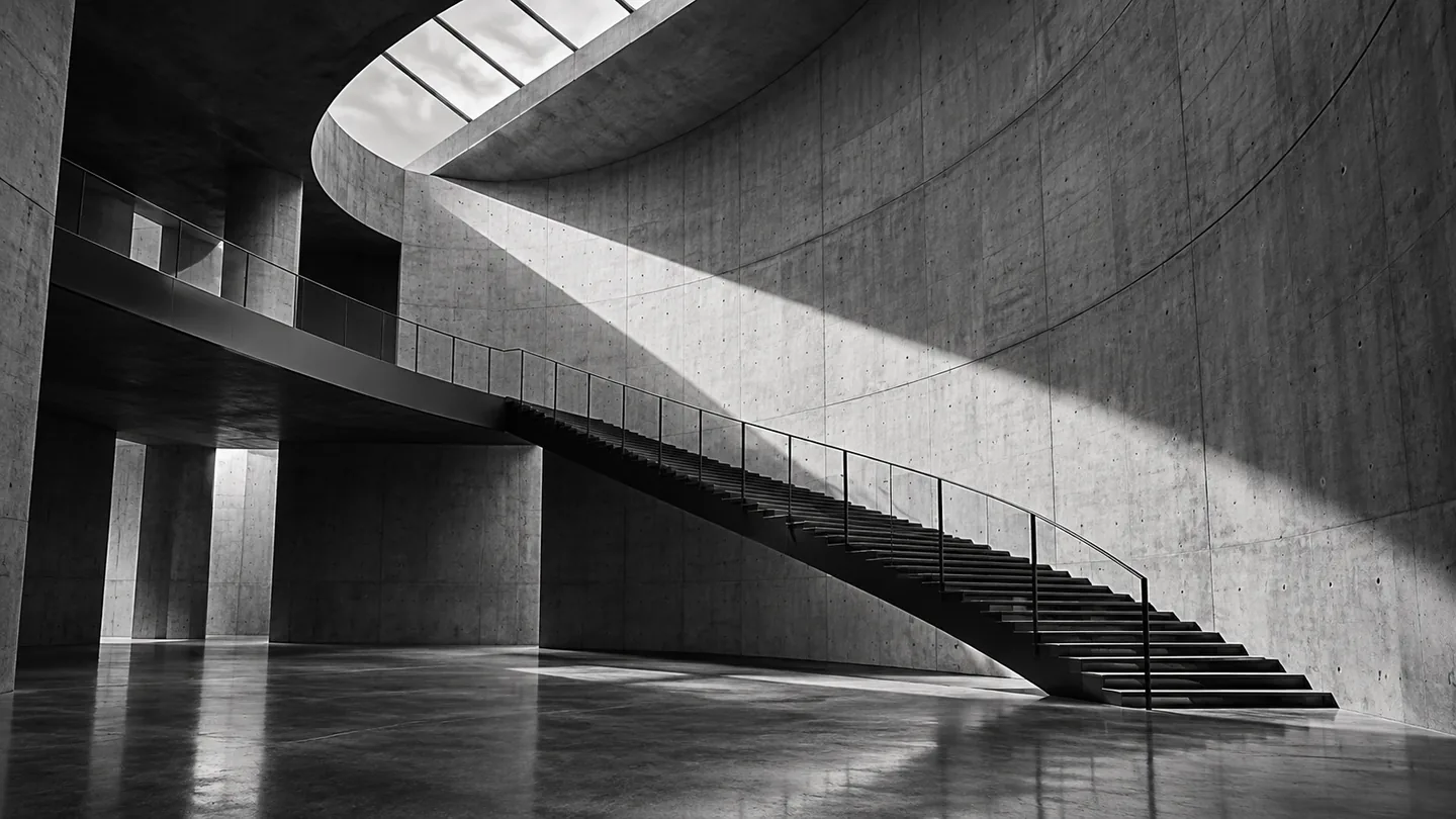 Light crossing a sculptural concrete atrium and steel staircase.