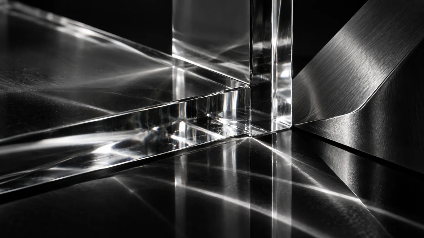 Sculptural optical glass and polished titanium in white light.